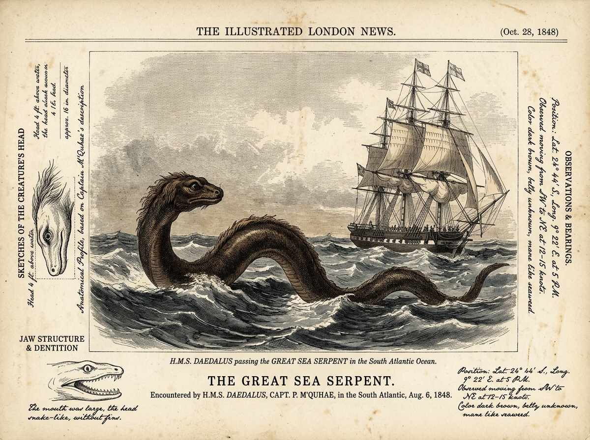 HMS Daedalus Passing the Great Sea Serpent (Oct. 28, 1848)